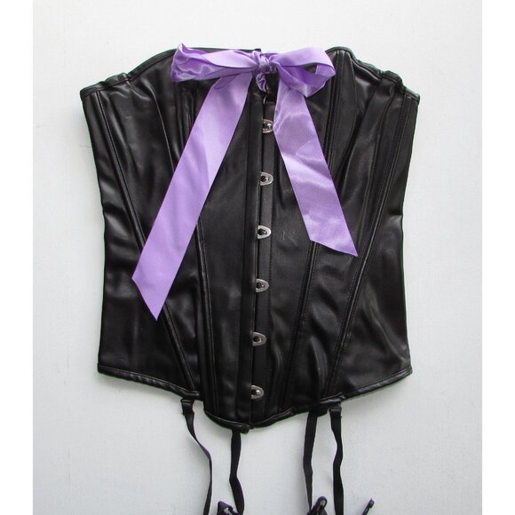 Black Pleather Purple Ribboned Corset Set - NEW - Picture 9 of 11
